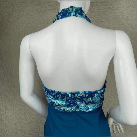 NIKI By Niki Livas Teal Sequin Halter Gown - Picture 10 of 11